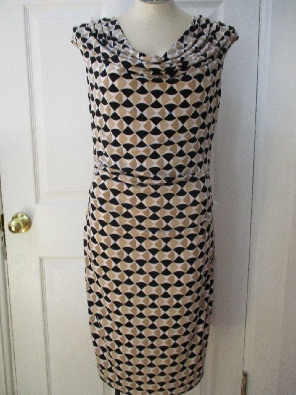 White House Black Market Cowl Neck Midi Dress Black Cream White Geometric Sheath